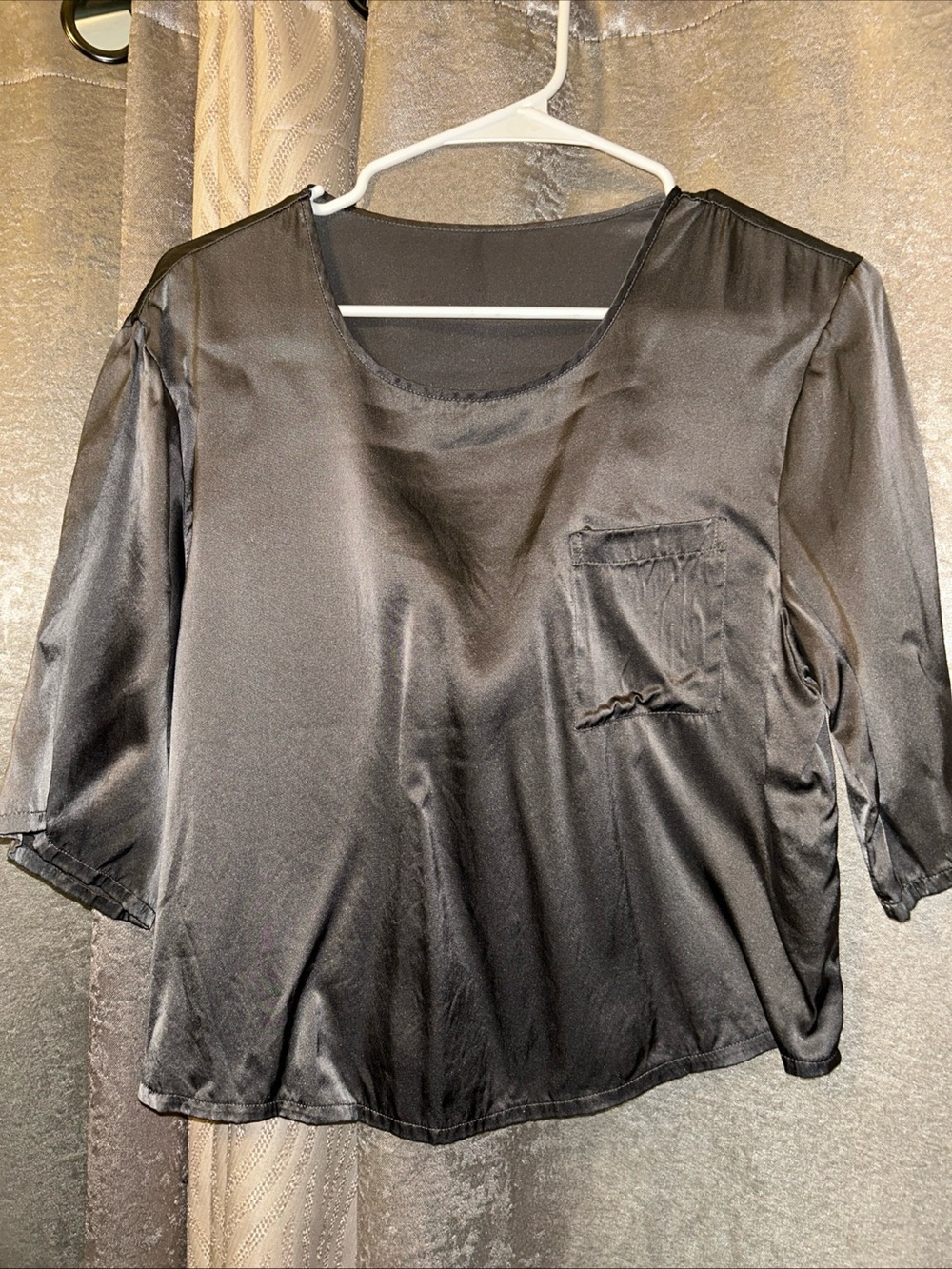 SilkSilky 100% Silk Gray Boxy Crop T-Shirt Blouse Pocket Quiet Luxury Old Money